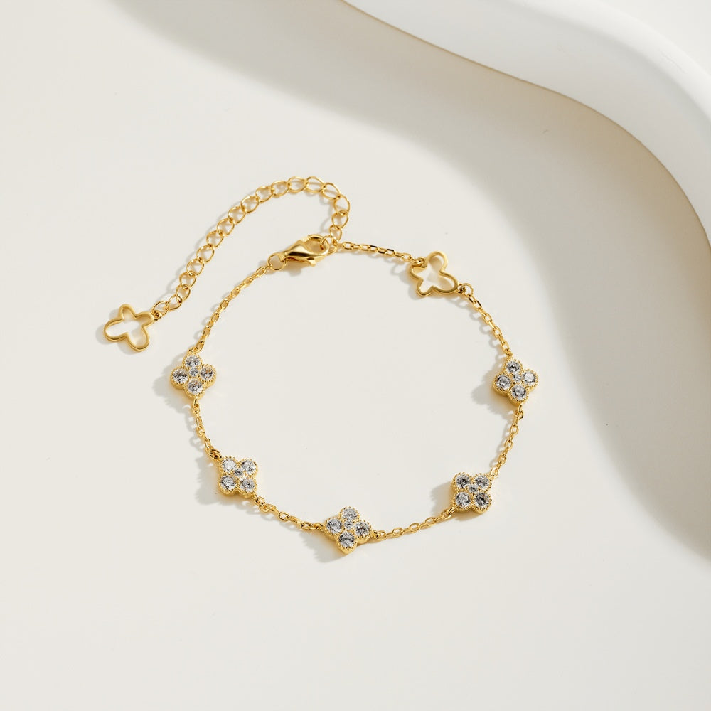 Women's Fashion Exquisite Bracelet, Round Zirconia Inlaid Clover & Hollow Butterfly Design, S925 with 18K Gold Plating
