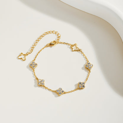 Women's Fashion Exquisite Bracelet, Round Zirconia Inlaid Clover & Hollow Butterfly Design, S925 with 18K Gold Plating