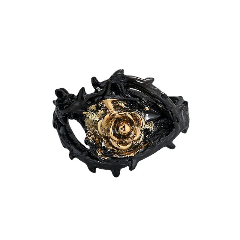 Men's Black Rose Flower Design Ring with Black and Gold Accents