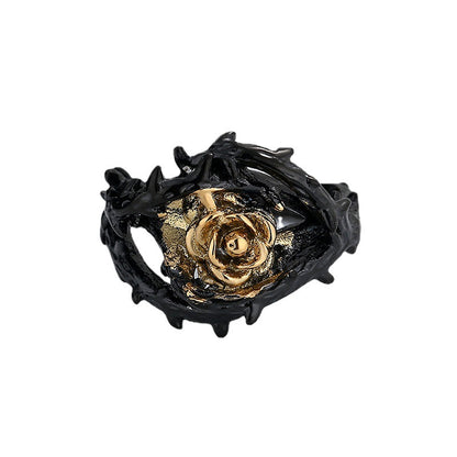 Men's Black Rose Flower Design Ring with Black and Gold Accents