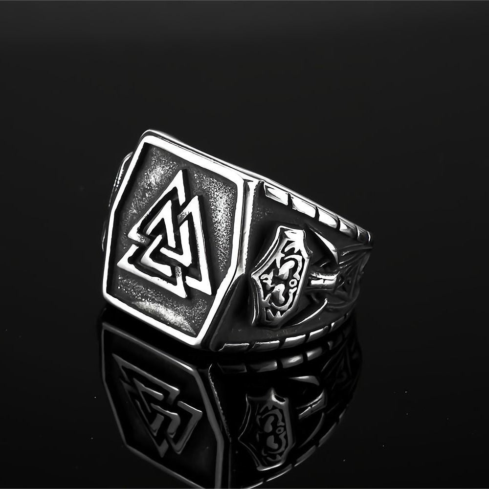 Vintage Antique Finish Stainless Steel Engraved Anchor Viking Triangle Symbol Hexagon Ring for Men