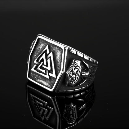Vintage Antique Finish Stainless Steel Engraved Anchor Viking Triangle Symbol Hexagon Ring for Men