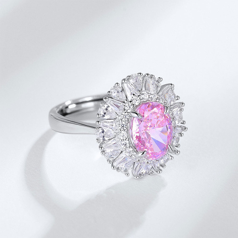 Women's White Gold Emerald Cut Stones Pink Gem Halo Adjustable Ring