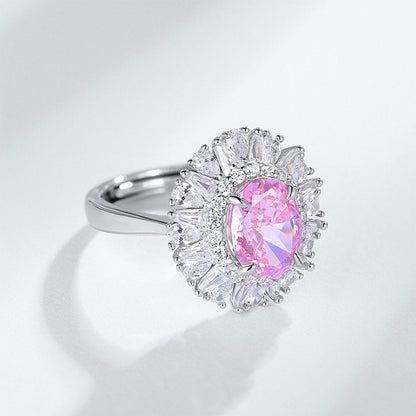 Women's White Gold Emerald Cut Stones Pink Gem Halo Adjustable Ring