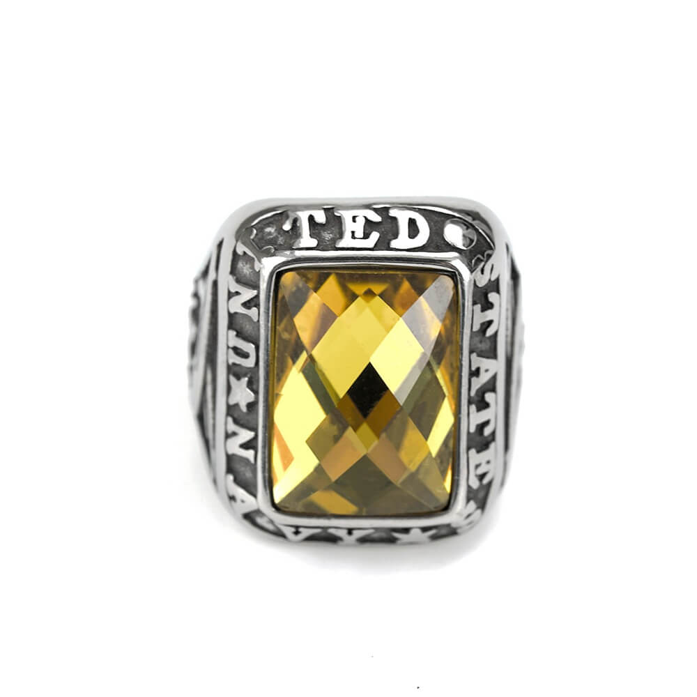 Vintage Solid Stainless Steel Inlaid Yellow Cubic Zirconia Engraved Symbol Wide Signet Ring for Men