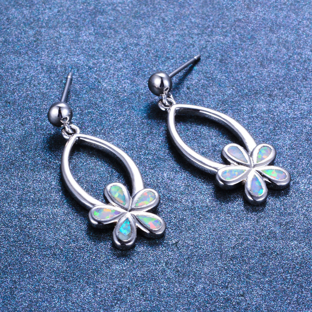 Women's Exquisite Hollow‑Out Floral Dangle Earrings with Blue / Purple / White Opal, with White Gold Plating