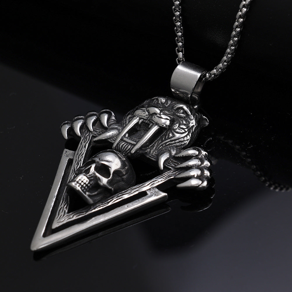 Men's Steel Sabertooth Tiger Skull Pendant Necklace