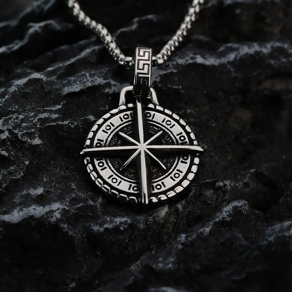 Vintage Stainless Steel Hexagram Compass Pendant Necklace for Men