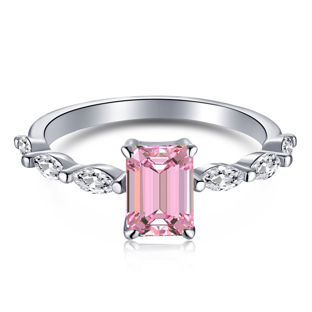 Women's Square Pink Zirconia Center Stone Paved Wedding Ring, S925 with White Gold Plating
