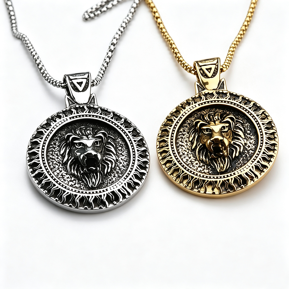 Men's Steel Lion Head Round Pendant Necklace