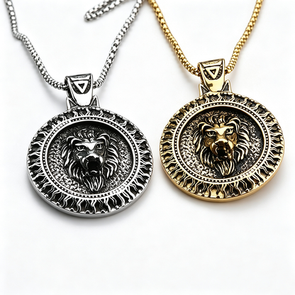 Men's Steel Lion Head Round Pendant Necklace