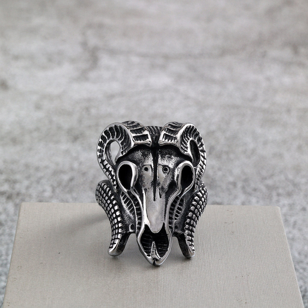 Vintage Solid Stainless Steel Punk Goat Skull Ring for Men