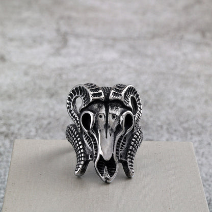 Vintage Solid Stainless Steel Punk Goat Skull Ring for Men