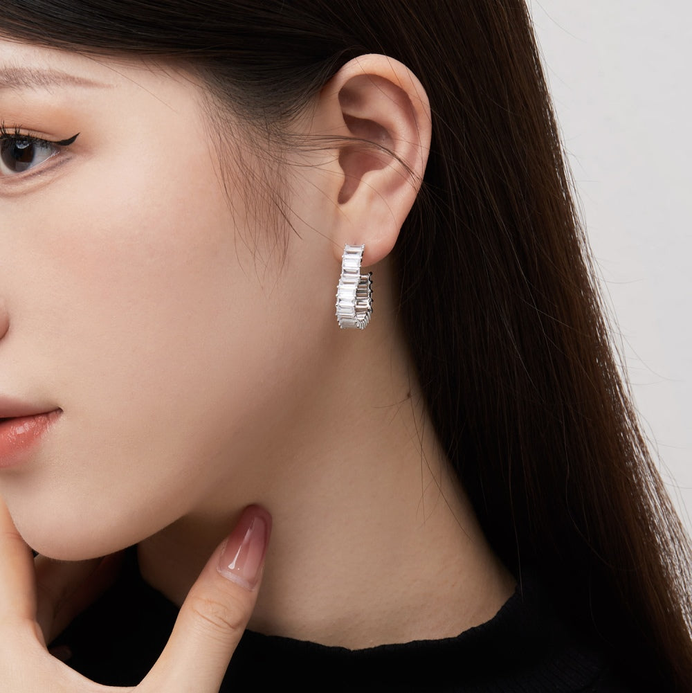 Women's Heart Hollow Huggie Earrings, Full Paved Rectangular Zirconia Inlaid, Premium Style, S925 with White Gold Plating