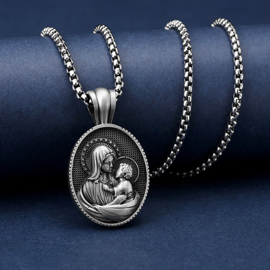 Men's Steel Virgin Mary Oval Pendant Necklace