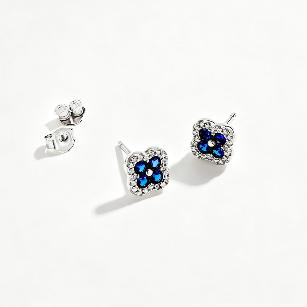 Womens Four‑Leaf Clover Stud Earrings, Round Blue Zirconia Center Stone With Paved Border, S925 with White Gold Plating