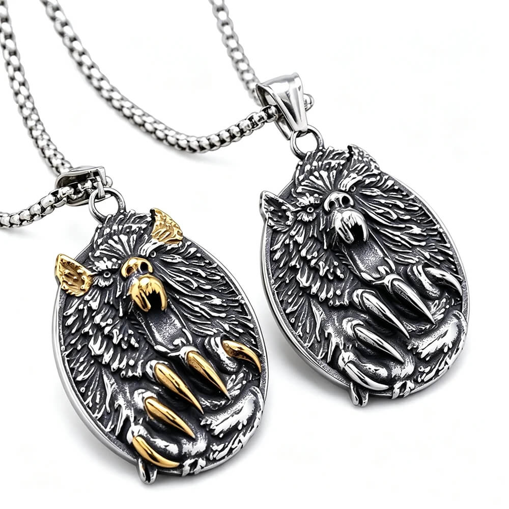 Men's Steel Bear Head & Claw Round Pendant Necklace