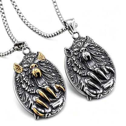 Men's Steel Bear Head & Claw Round Pendant Necklace