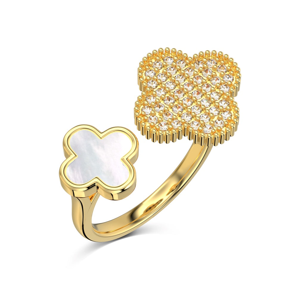 Women's Four‑Leaf Clover Ring With Round Zirconia & White shell Inlay, S925 with Gold Plating, Adjustable Ring
