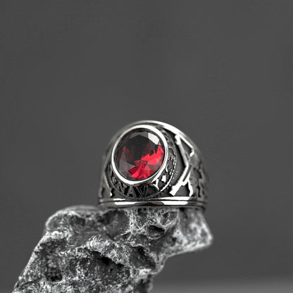 Vintage Solid Stainless Steel Hip Hop Dual Pistol Inlaid Red Cubic Zirconia Band Ring for Men