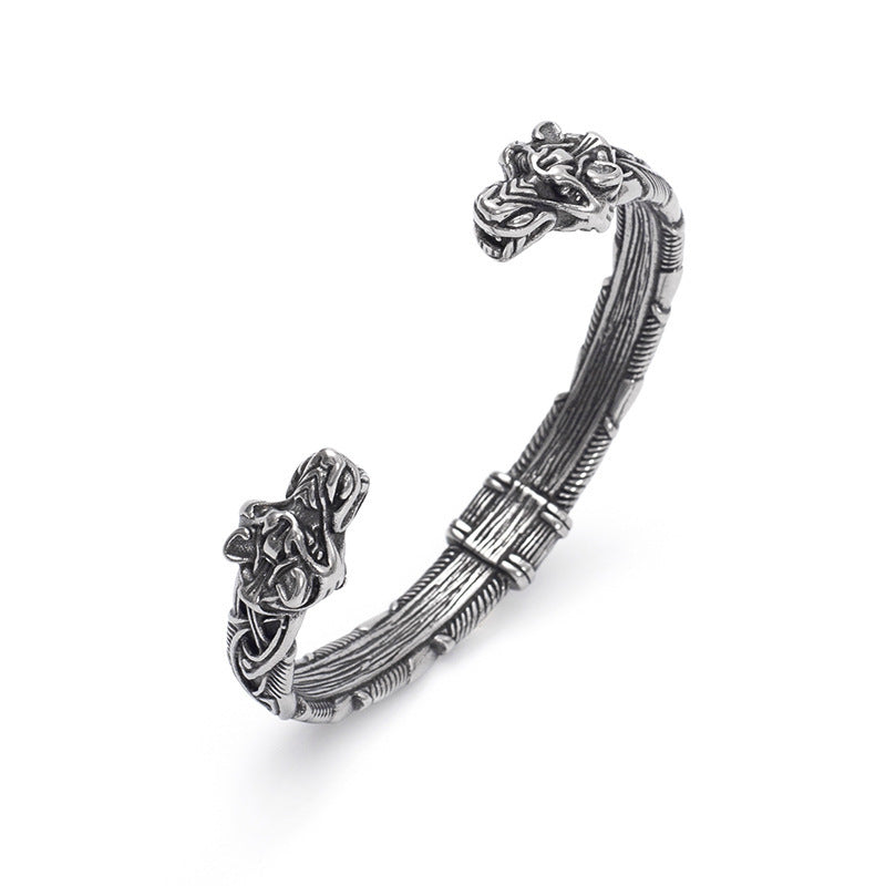 Viking Double Wolf Head Open C Bracelet for Men, Nordic Pirate Vintage Stainless Steel Cuff Bangle