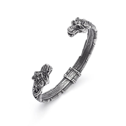Viking Double Wolf Head Open C Bracelet for Men, Nordic Pirate Vintage Stainless Steel Cuff Bangle