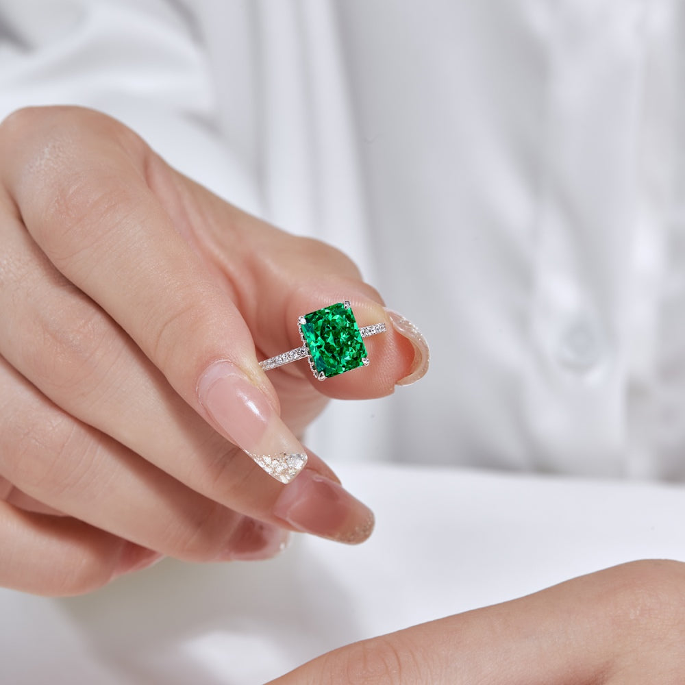Women's Square Emerald Ice Flower Cut Zirconia Trendy Ring, S925 with White Gold Plating