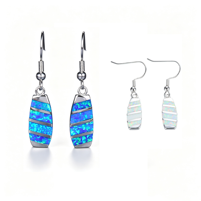 Women's Striped Elongated Hook Dangle Earrings, Blue Opal / White Opal Inlay, White Gold Plating