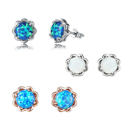Women's 4‑Prong Flower Bezel Round White & Blue Opal Stud Earrings, S925,with White Gold Plating / with Rose Gold Plating