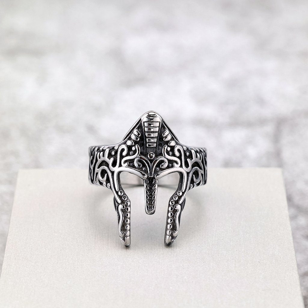 Vintage Solid Stainless Steel 3D Sparta Warrior Helmet Mask Band Ring for Men