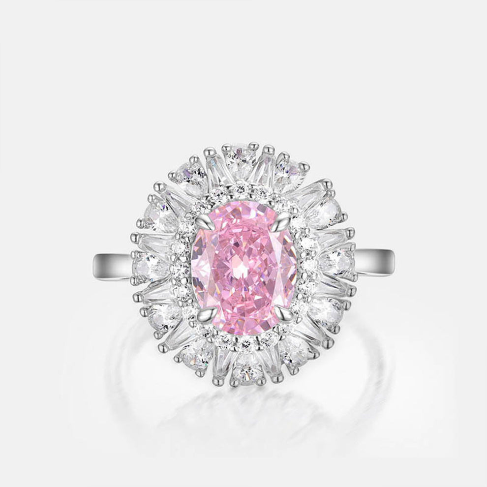 Women's White Gold Emerald Cut Stones Pink Gem Halo Adjustable Ring