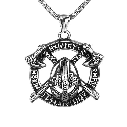 Vintage Stainless Steel Viking Helmet Rune Axe Round Pendant Necklace for Men