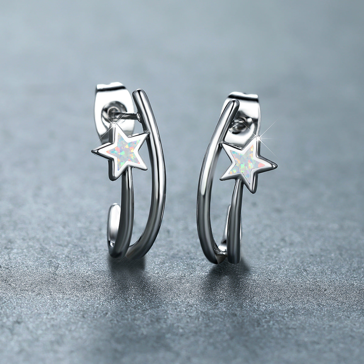 Women's Double‑Hoop C‑Shape Star Opal Hoop Earrings, with White Gold Plating / Rose Gold Plating