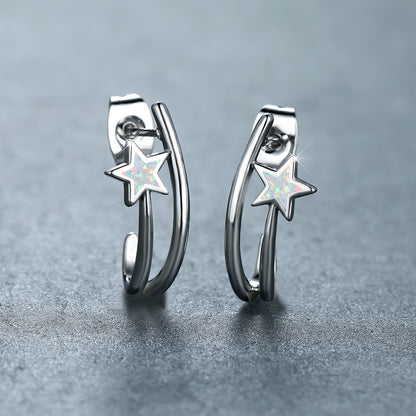 Women's Double‑Hoop C‑Shape Star Opal Hoop Earrings, with White Gold Plating / Rose Gold Plating