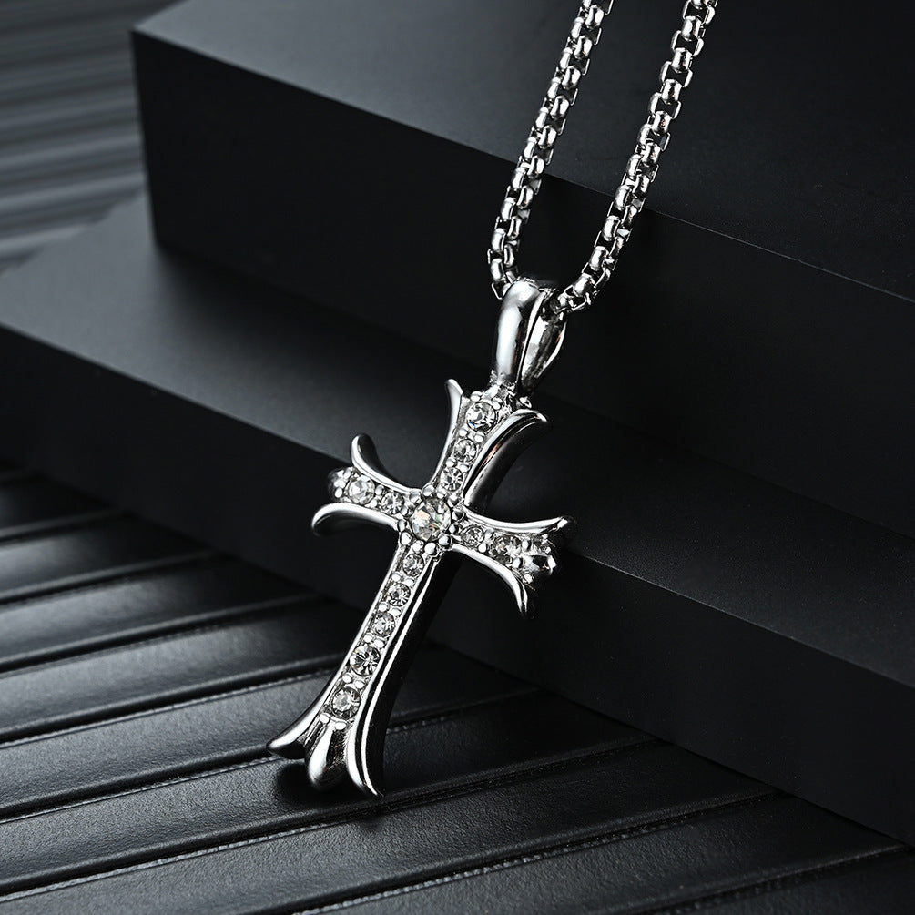 Men's Titanium Steel Cross Zircon Pendant Necklace