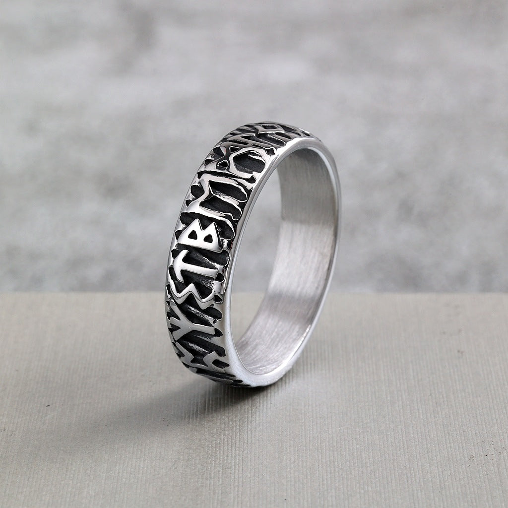 Vintage Solid Stainless Steel Norse Viking Full Rune Engraved Narrow Band Circle Ring for Men