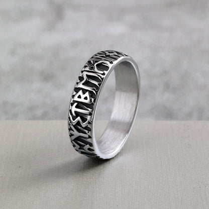 Vintage Solid Stainless Steel Norse Viking Full Rune Engraved Narrow Band Circle Ring for Men