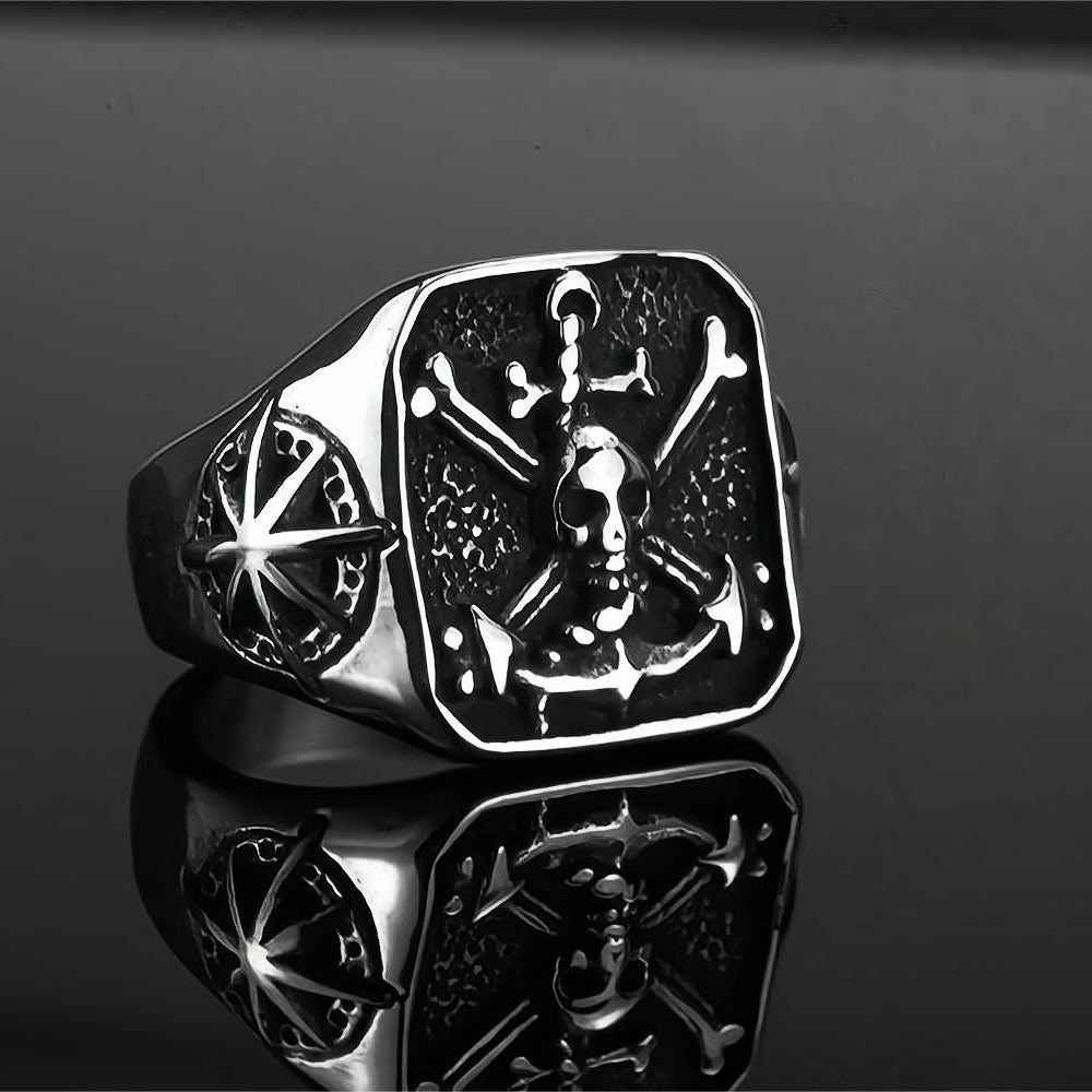 Vintage Solid Stainless Steel Pirate Skull Octagram Square Signet Ring for Men