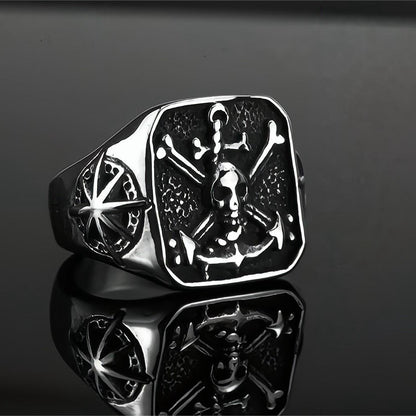 Vintage Solid Stainless Steel Pirate Skull Octagram Square Signet Ring for Men