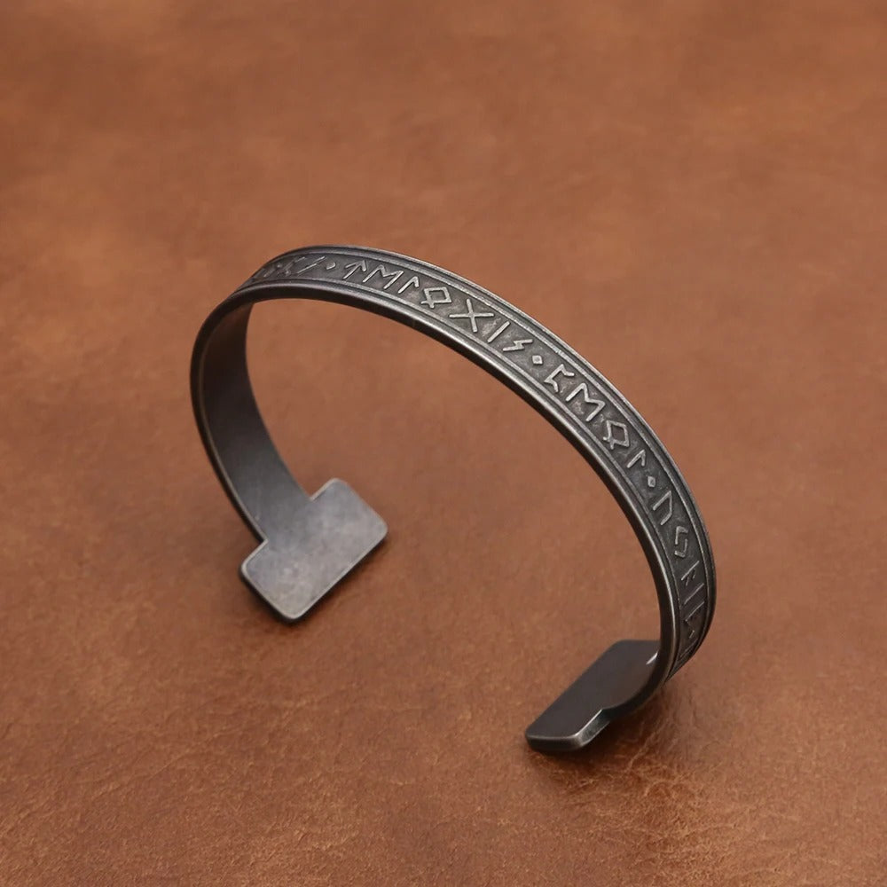 Men's European Viking Rune Open C Cuff Bracelet, Stainless Steel Adjustable Nordic Retro Bangle