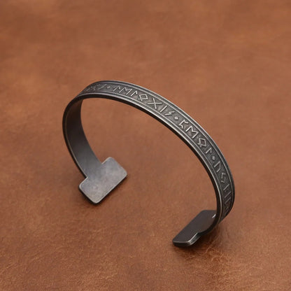 Men's European Viking Rune Open C Cuff Bracelet, Stainless Steel Adjustable Nordic Retro Bangle