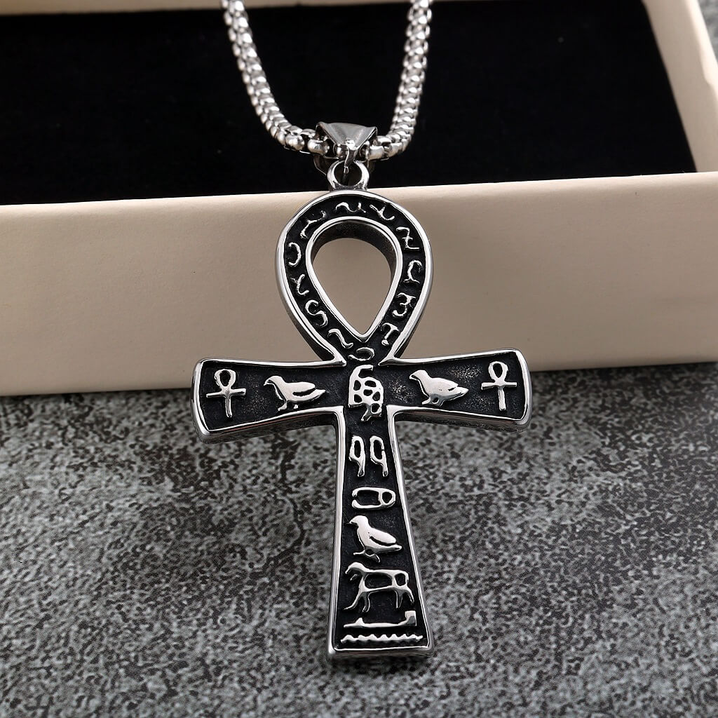 Men's Steel Egyptian Ankh Hieroglyph Pendant Necklace