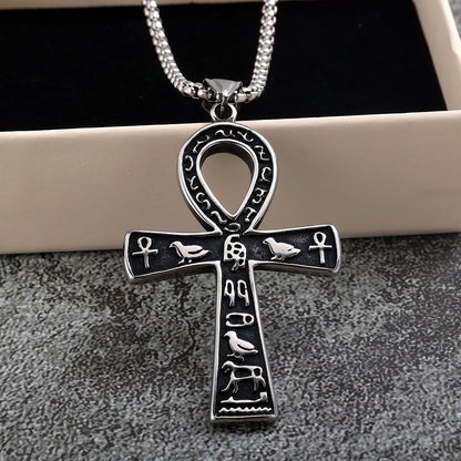 Men's Steel Egyptian Ankh Hieroglyph Pendant Necklace