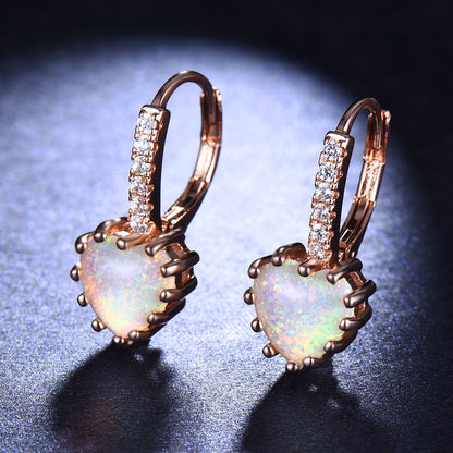 Women's Heart‑Shape Opal Leverback Earrings with Paved Zirconia, with White Gold / Rose Gold Plating