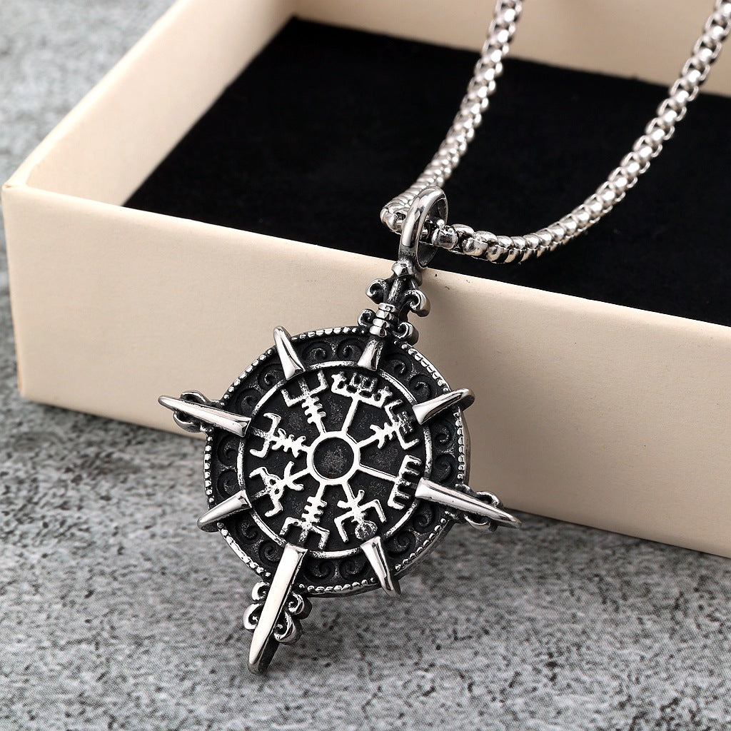 Vintage Stainless Steel Viking Ship Wheel Pendant Necklace for Men