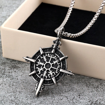 Vintage Stainless Steel Viking Ship Wheel Pendant Necklace for Men