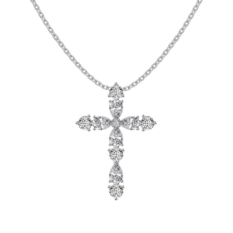 S925 Sterling Silver Cross Necklace, White Pear-Shaped & Round Zirconia Inlaid Niche Versatile Fashion Jewelry