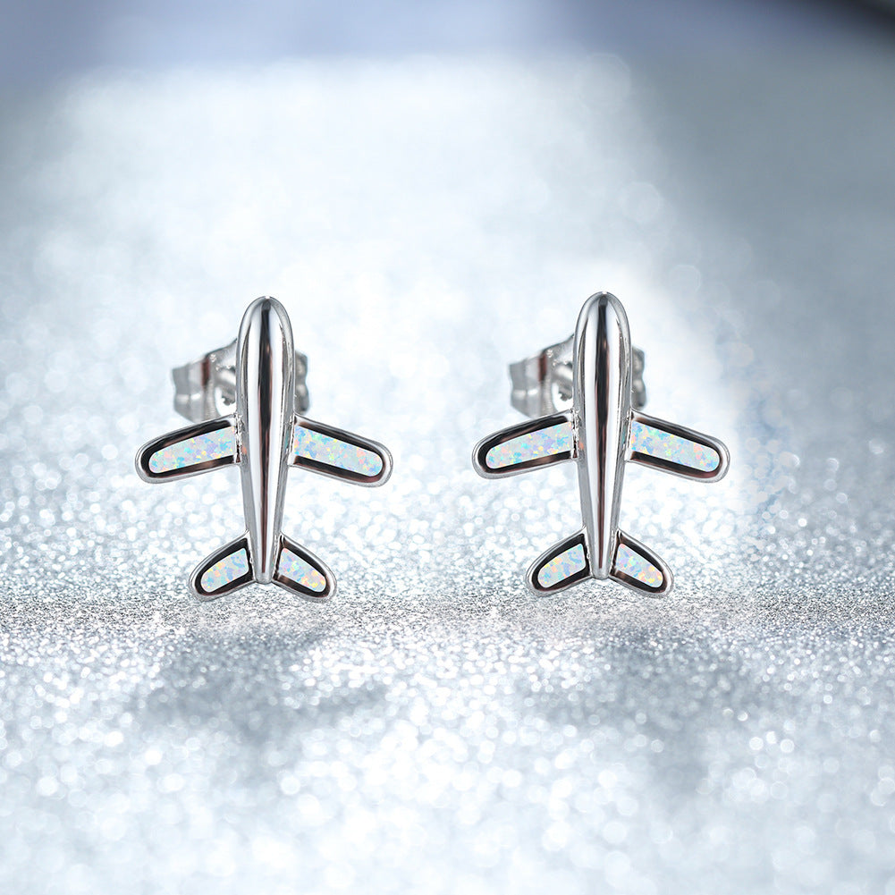 Women's Airplane‑Shape Stud Earrings, White Opal / Blue Opal