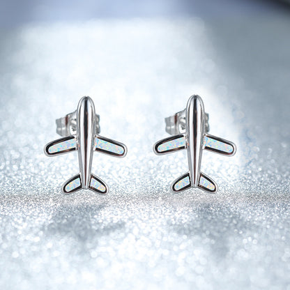 Women's Airplane‑Shape Stud Earrings, White Opal / Blue Opal