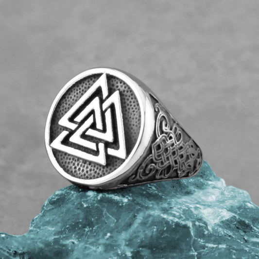 Vintage Solid Stainless Steel Viking Triangle Symbol Round Ring for Men